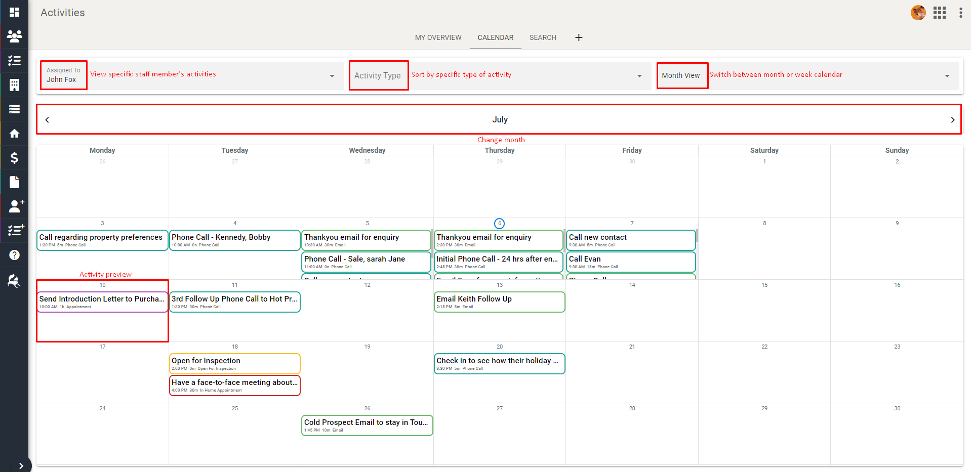 Screenshot of monthly calendar