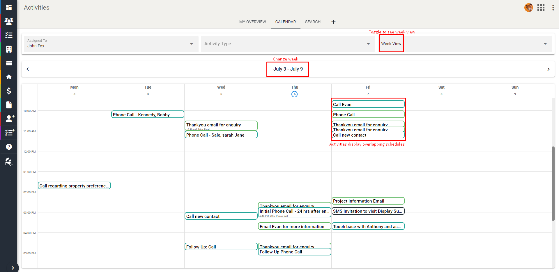 Screenshot of weekly calendar
