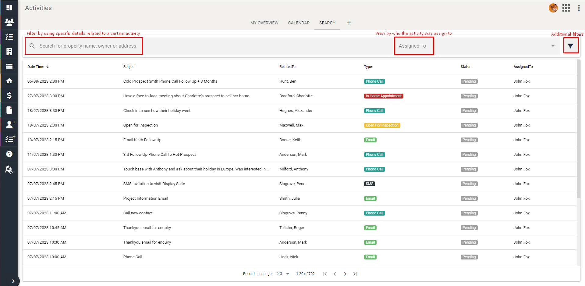 Screenshot of search function